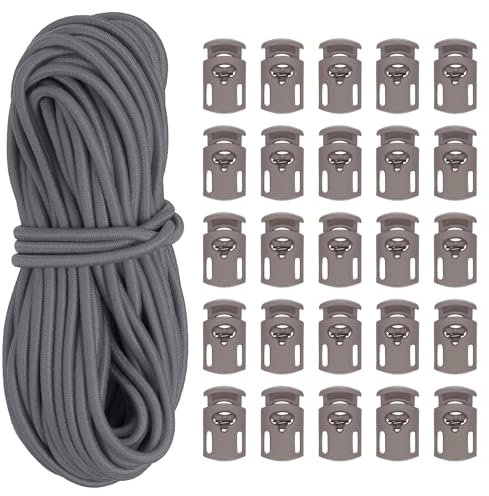 PATIKIL 10 Yard Elastic Bungee Cord & Single Hole Cord Lock, 25 Pack Plastic Oval Spring Toggle Stopper for Paracord Drawstring Shoelace Clothing Backpack Bags, Dark Gray