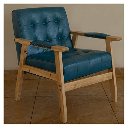 Mid Century Moderner Ledersessel mit Armlehnen, Knopf, Flügelrücken-Design, Blau