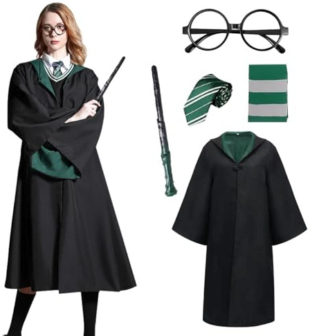 Zauberer Cosplay Kostüm, 5Pcs Magier Robe Kostüm für Erwachsene, Zauberer Outfit Set mit Umhang, Zauberstab, Krawatte, Schal und Brille, Wizard Costume Erwachsene für Karneval, Halloween