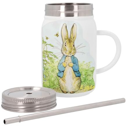 Insulated Stainless Steel Mug with Lid and Straw – Petter Rabbit In His Garden Peter Rabbit Illustration Child Beatrice Potter – 500 ml – Thermo Mug