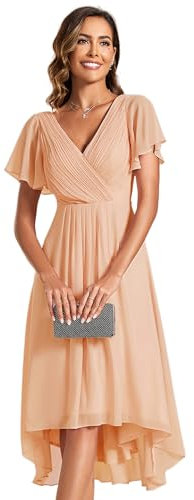 Ever-Pretty Robe Femme Été A Line High Low Col V Manches Courtes pour Mariage Mère Rose Foncé 52