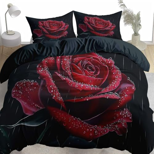 Rose Bettwäsche 155 X 220 cm 3 Teilig, Schwarz Bettbezug Mit Reißverschluss, Weich & Bügelfrei, Bettwäsche Set Microfaser Für Mädchen Jungen Mit 2 Kissenbezug 80X80 cm