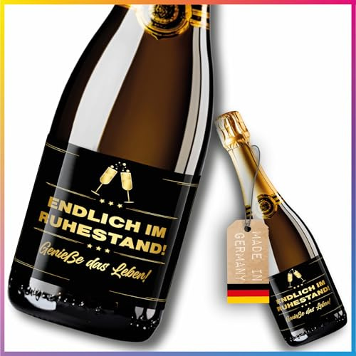 Lineo® 2er Set Flaschenetiketten Aufkleber Geschenk für handelsüblichen Sekt-Flaschen, Weinflaschen & Biere; Mitbringsel zu jedem Anlass, Dankesgeste Glückwunsch 14,8 x 10,5 cm (Endlich Rentner)