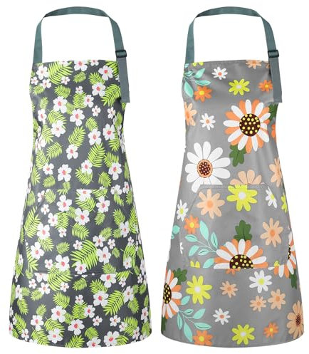 Xialvyu 2 Stück Gartenschürze Damen mit Blumenmuster Verstellbarer Wasserdicht & Ölabweisend Kücheschürzen für Kochen, Garten, Arbeiten, BBQ & Grill (Frühlingsgrün & Sonnenblume)