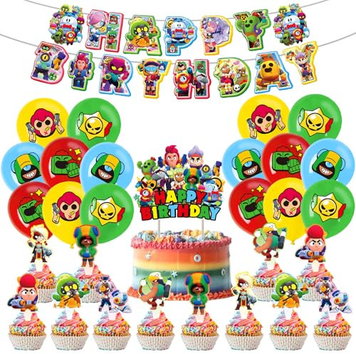 Braw-star Geburtstagsdeko Set,Kinder Geburtstag Deko,Geburtstag Party Deko Kinder, Enthält Tortendeko, Happy Birthday Girlande, Luftballon – Perfekt für Kindergeburtstagsfeiern
