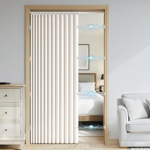 DSSHENGDS Rideau de Porte de Placard Pliant, Rideau de Douche plissé en accordéon, pour Placard, Chambre, cloison de Salle de Bain-Beige- 80x200cm
