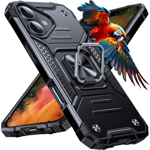 Anqrp Heavy Duty Case for iPhone 16 Case with Enhanced Ring Holder Grip Stand, Military Grade Shockproof Rugged Drop Protective Silicone Hard iPhone 16 Phone Case Cover, Black