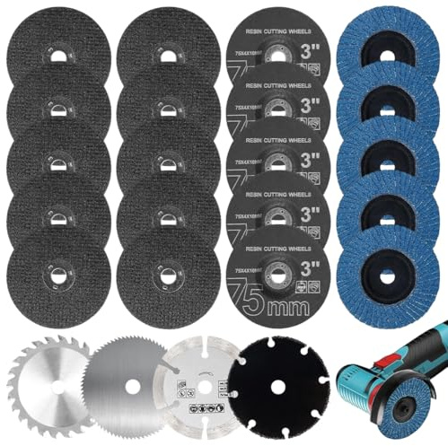24 Stück Trennscheiben, Fächerscheiben Set 75mm, Bohrung Ø 10 mm, mit HSS Kreissägeblatt - Winkelschleifer Zubehör für Schleifen Schneiden Polieren Metall Holz Kunststoff (75mm)