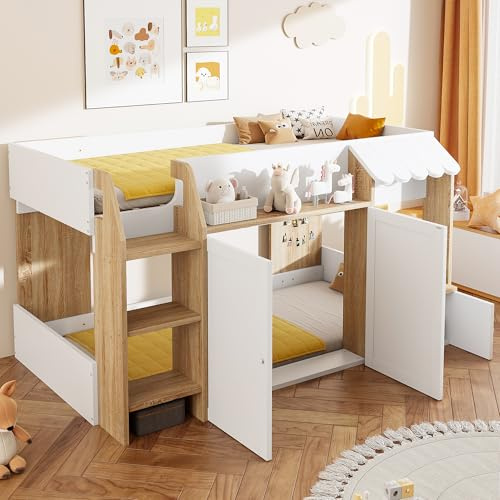 NuvlaGu Kinderbett Hausbett 90x200 mit Stauraum & Leiter, Halbhohes Hochbett Massivholz, Etagenbett mit Spielbereich, Ohne Matratze (Weiß)