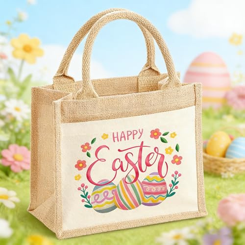 Osterkörbchen Set, mit Osterhase Motiv Jutebeutel und Schlüsselanhänger, Ostertüten zum Befüllen, Geschenktüten Ostern, Ideale Ostertasche für Frühling Geschenk Oster Dekoration