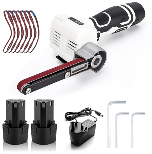 WODHMIEY Cordless Belt Sander 12V Electric File with 2 Batteries & 10 Sanding Belts 80–320 Grits Adjustable Angle Powerful Motor, for Wood Metal DIY Furniture Car Parts Detail Grinding White
