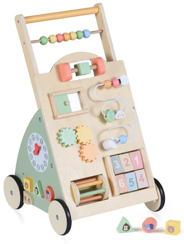 COSTWAY Baby Lauflernwagen Holz, Lauflernhilfe mit Activity Board, Rädern & Aufbewahrungskorb, Laufwagen, Montessori Lauflernspielzeug & Aktivitätszentrum für Kinder ab 1 Jahr