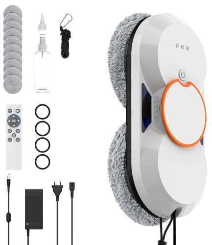 Robot Limpiacristales, 5600PA Limpiacristales Electrico Ventanas con Doble Pulverización de Agua, 3 Modos de Limpieza, Sistema de Seguridad, Detección Inteligente de Bordes, Control Remoto e 8 Trapo
