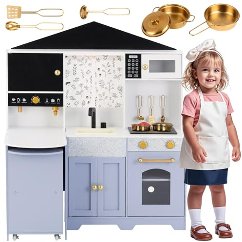 Große Kinderküche aus Holz mit Kaffeemaschine und Backofen, Spielküche mit Licht und Geräuschen, Spüle und Schubladen, kreatives Rollenspiel mit Zubehör für Mädchen und Jungen ab 3 Jahre