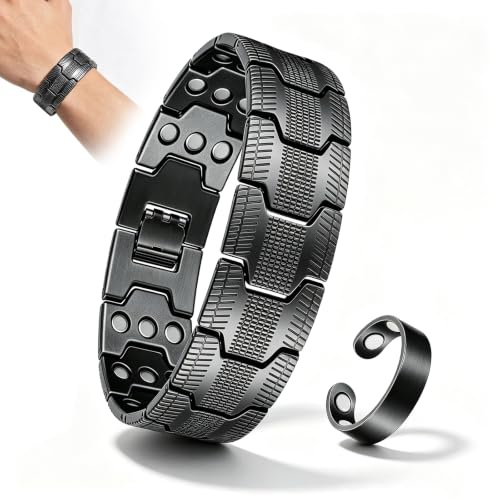 Pulsera de cobre para hombre, pulsera magnética ajustable y anillo, pulsera magnética, tres imanes ultra fuertes, longitud ajustable con caja de regalo de herramientas de ajuste de tamaño (negro)