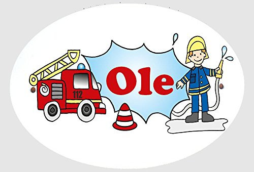Personalisiertes Türschild Namensschild Feuerwehrmann mit Feuerwehrauto und Wunschnamen für die Kinderzimmertür. Alternative zu Holzbuchstaben. Inkl. 3 Klebepads zur Befestigung an der Zimmertür