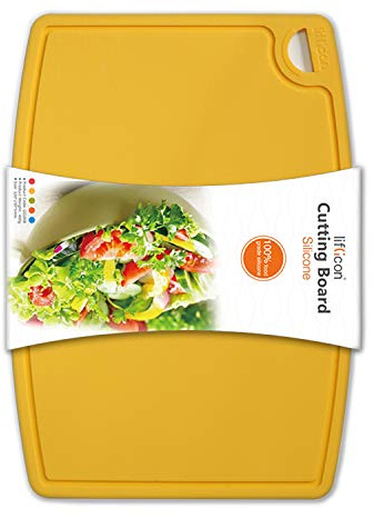 Liflicon Thick Silicone Cutting Board 12.6'' x 9.1'' Juice Grooves Easy Grip Handle Dishwasher Safe-Yellow