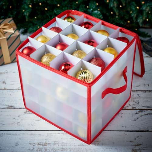 Home Treats Christmas Bauble Storage Box Plastic | Xmas Bauble Storage Box Large | Clear Box with Card Slot For Holiday Decoration Storage (64 Bauble Storage Box)