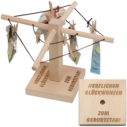 Geschenke 24 | Geld-wäschespinne personalisiert (Geburtstag - Glückwunsch) | mit Spruch bedruckt | Verpackung für Geldgeschenke | Geldbaum | Geburtstagsgeschenk für Männer und Frauen aus Holz