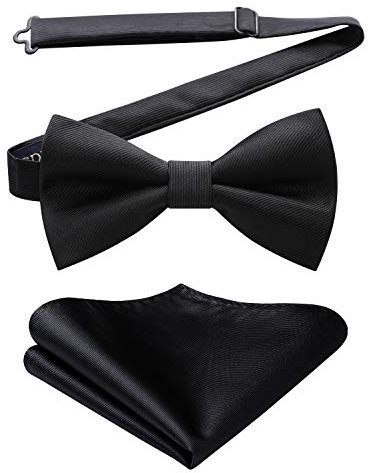 HISDERN Schwarz Fliege Einfarbig Herren Fliege mit Einstecktuch Set Vorgebundene Fliege Anzug für Smoking,Hochzeit,Weihnachten
