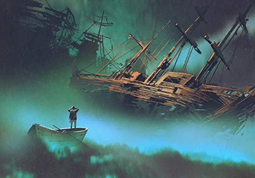 wandmotiv24 Fototapete Anime Fantasy Schiffswreck, XXL 400 x 280 cm - 8 Teile, Wanddeko, Wandbild, Wandtapete, Gruselig Wasser Boot Pirat M5846