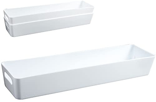 3x Ordnungsboxen - 6 cm hoch - WEIß - 40x10x6cm - 2 Liter - Ordnungskorb - Schubladenorganizer Schublade - Organizerbox - Ordnungssystem Kunststoff - Aufbewahrung Bad Korb Schrank Schreibtisch Kiste