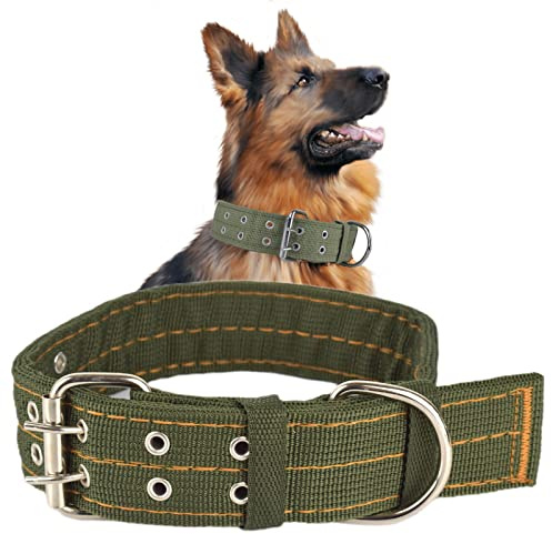Militärisches verstellbares Hundehalsband, 2 breite D-Ringe & Schnalle 2-reihiges Hundehalsband, grünes Nylon, taktisches Hundehalsband