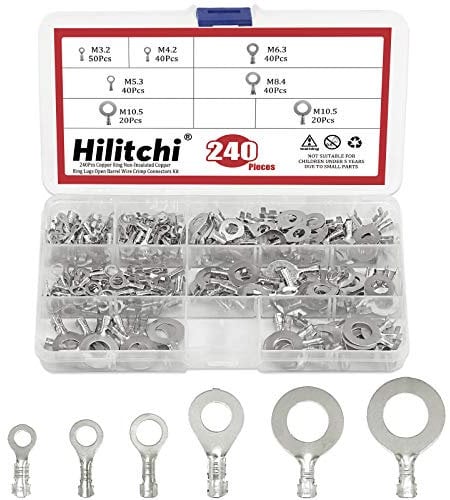 Hilitchi 240Pcs Tin-Plated Copper Non-Insulated Ring Crimp Terminals Assortment Kit Open Barrel Wire Crimp Electric Terminals for Solid and Stranded Wires (M3 M4 M5 M6 M8 M10)