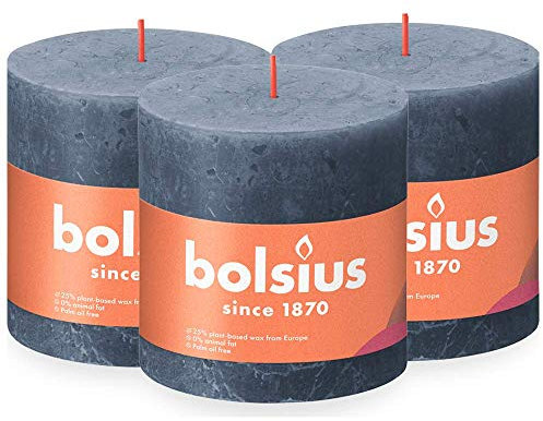 Bolsius Rustik Stumpenkerze XXL - Dunkelblau - 3 Stück - 10 x 10 cm - Dekorative Haushaltkerzen - Länge Brenndauer 62 Stunden - Unparfümierte - Enthält Natürliches Pflanzenwachs - Ohne Palmöl