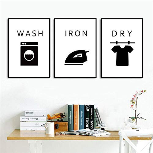 Jianghu Art Nordische Schwarzweißdrucke Waschen Trockeneisen Wandkunst Wandbilder Bild Waschküche Wandkunst Leinwand Malerei Poster 40x60cmx3pcs Kein Rahmen