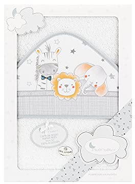 Interbaby - Capa de Baño Bebe Blanco/Gris | Toalla Bebe con Capucha 100% Algodón, 100x100cm, Unisex | Suave, Cómoda, Secado Rápido | Ideal Recién Nacidos, Bebes y Niños Pequeños | Diseño Animalitos