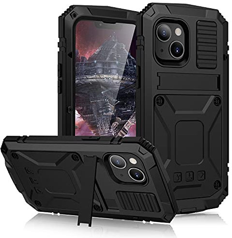 R-JUST Metal Case for iPhone 13 MiNi, Outdoor Heavy Duty Tough Armour Metal Military Case Built-in Screen Shockproof Dustproof Anti-Scratch Full Body Cover with Kickstand (iPhone 13 MiNi, Black)