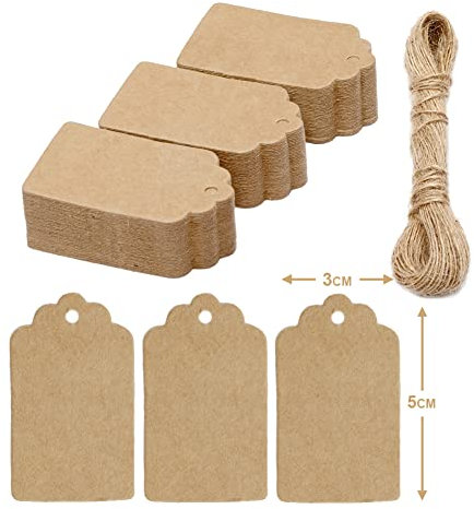 Box.it.pack.it Kraft Paper Gift Tags, Brown, Scallop 5x3 cm, 100 Pack with String
