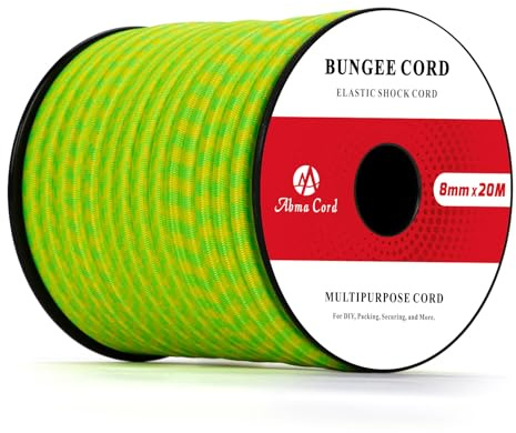 Abma Cord Bungee Cord 8mm 20M Elastic Shock Cord 100% Stretch Elastic Bungee Rope for Tarpaulin, Trailer, Backpack, Tent Pole, Kayak - Neon Green&Yellow