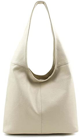 Made in Italy Damen Leder Tasche Shopper Schultertasche Umhängetasche Handtasche Beuteltasche Hobo Bag Ledertasche Beige