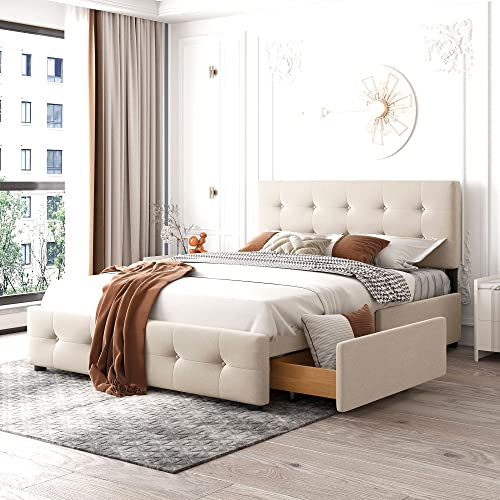 ModernLuxe Bett Samtstoff, Einzelbett/Doppelbett, Polsterbett mit Schubladen, Rückenlehne und Lattenrost, Höhenverstellbares Kopfteil,Jugendbett Gästebett (ohne Matratze) (Beige, 140 x 200cm)