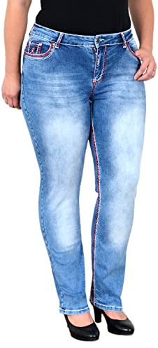 ESRA Damen Jeans Straight High-Waist Gerade Schnitt Dicke Naht Jeanshose Übergröße Plussize Große Größen Hoch-Bund Straight Leg Stretch FG12