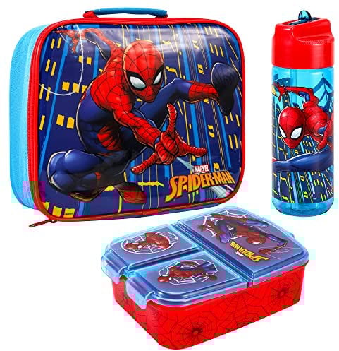 Zawadi Global Spiderman Kids Childrens Lunch Box Set – Insulated Lunch Bag, Multicompartment Lunch Box & 540ml Water Bottle - School Travel Lunch Food Set, BPA Free
