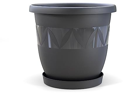 Plastard Blumentopf Durchmesser 21 cm mit Untersetzer Farbe Anthrazit runder Pflanzkübel Blumenkübel Gartentopf aus Kunststoff witterungsbeständiger für Innen und Außen