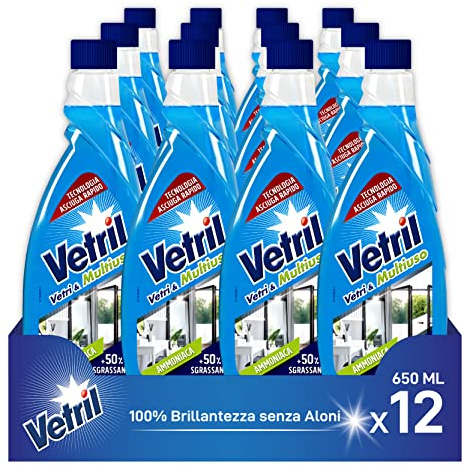Vetril - Nachfüllflasche für Glasreiniger und Mehrzweckreiniger mit Ammoniak, Fettlösewirkung und Schnelltrocken-Technologie, Eco-Flacon, 650 ml x 12 Stück