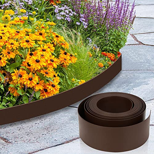 Vigevee Rasenkante Kunststoff Mähkante, Einfache Handhabung Rolle Beetumrandungen für Wege, Begrenzungen, Kieswege, Blumenbeet Umrandung unsichtbar(Länge 20m - Höhe 10cm, Braun)