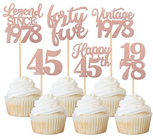Xsstarmi 48 Stück Vintage 1978 Cupcake Toppers Legend Since 1978 Forty Five Cupcake Picks Happy 45th Number 45 Cupcake Topper for 45th Birthday Wedding Anniversary Party Cake Decorations Rose Gold