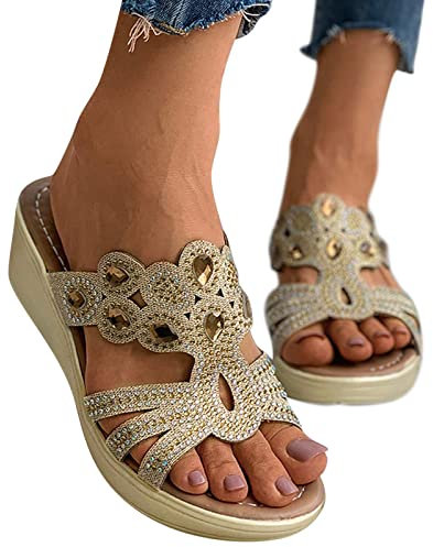 Pantoletten Damen Sommer Keilabsatz Elegante Slipper Peeptoe Bohemian Hausschuhe Plattform Mit Fussbett Römische Mit Absatz Pantoletten Orthopädische Sandalen Slides Sommerschuhe Damenschuhe Frauen