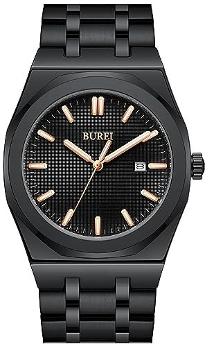 BUREI Uhren Herren Edelstahl Analog Armbanduhr Herren Wasserdicht Datum Herrenuhren Klassische Business Männer Quarzuhr Geschenke für Männer (Schwarz)