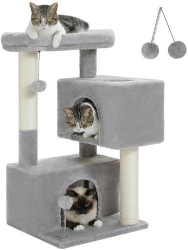 PETEPELA Árbol para gatos de 82 cm con poste rascador de sisal, diseño de condominio grande con percha suave, color gris