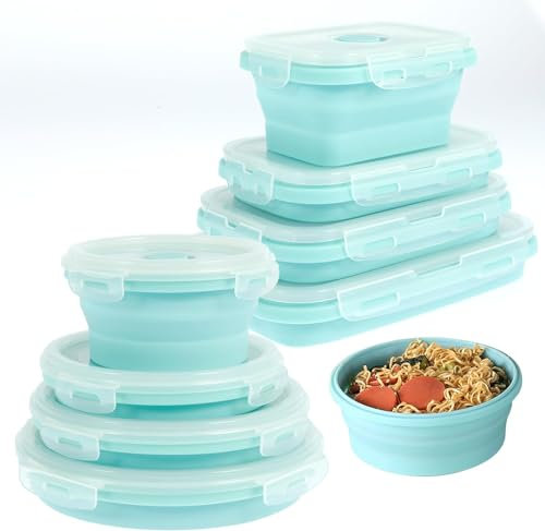 8Pcs Collapsible Silicone Food Storage Containers with Lids, Collapsible Square Round Meal Prep Lunch Containers Bento Boxes, Folding Stackable Outdoor Lunch Box Microwave, Freezer and Dishwasher Safe