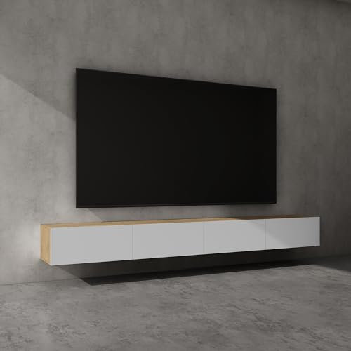 doporro Mobile Porta TV Sospeso 280 cm con 4 Ante Marrone Chiaro e Bianco Opaco, Credenza Bassa da Soggiorno Salotto, Madia Consolle Bicolore per TV Fernsehschrank02