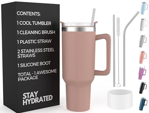 Re Tech UK - 40oz Tumbler with Straw and Lid + 2 Stainless Steel Straws, Silicone Boot, 1.2 litres, Insulated Cup -Travel Mug with Handle - Birthday Gift for Girls, Nude