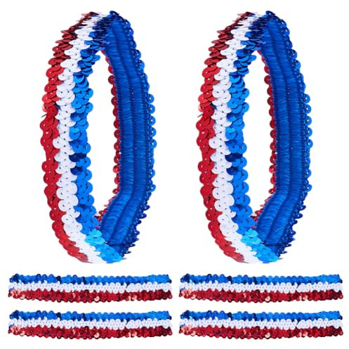 GORGECRAFT 10 Packung Pailletten-Stirnbänder Elastisch Dehnbar Funkelnd Modisches Stirnband Verstellbares Haarband Zubehör-Set Für Damen Haarband Sport-Kopfband Partygeschenke Rot-Blau-Weiße Nähte