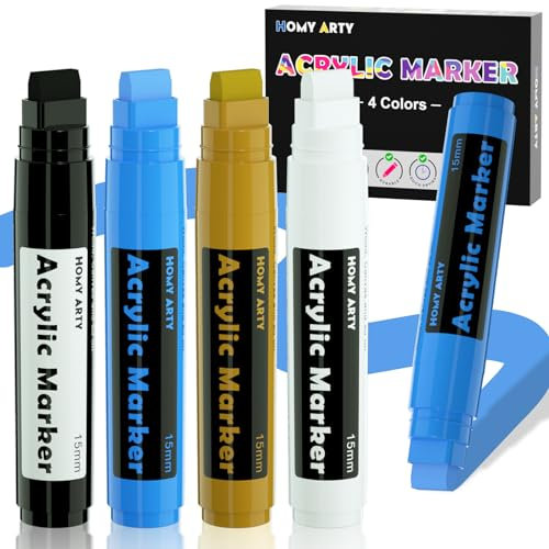 HOMY ARTY Acrylstifte 15mm Breit, Permanent Acrylfarben Stift, Wasserfeste Farbstifte Stift für Steine, Schilder, Kalligraphie und Gemälde im Freien (4 farben)